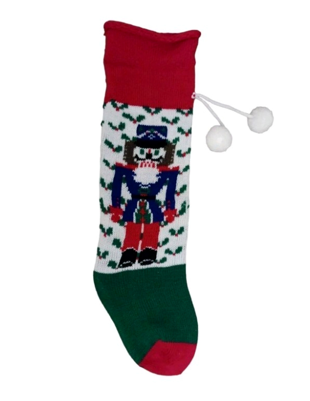 NUTCRACKER Christmas Stocking KNIt 19' GREEN Colorful Soldier Holly Vintage